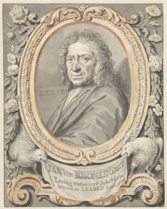 Portret van Johannes (Jan) van Bronkhorst in omlijsting met bloemen en twee vogels door Tako Hajo Jelgersma