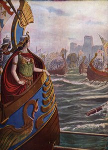 Oudheid, Romeinse Burgeroorlog: Egyptische koningin Cleopatra VII Thea Philopator (69-30 v.Chr.) bij de Slag bij Actium in de Ambracische Golf op 2 september 31 v.Chr. tegen de vloot van Octavianus door Tancredi Scarpelli