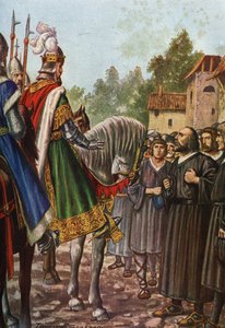 Keizer Frederik I Barbarossa (1122-1190) op zijn tweede reis naar Italië in 1158 steekt de rivier de Adda over en ontmoet de mensen van Lodi die hem smeken hun grondgebied terug te krijgen
