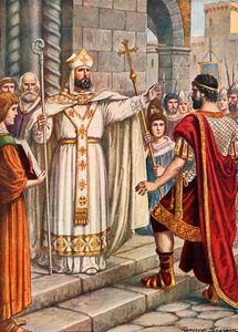 Keizer Theodosius verboden door St. Ambrosius om de kathedraal van Milaan binnen te gaan