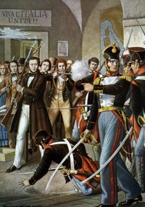 Opstandige bewegingen van 1830: De arrestatie van Ciro Menotti (1798-1831) Italiaanse patriot lid van de Carbonari-beweging (Carboneria, kolenwerk) in Modena, Italië 1830 door Tancredi Scarpelli