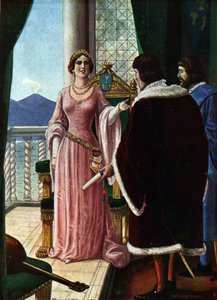 Koningin Joanna II van Napels wijst haar adoptiefzoon Lodewijk III van Anjou aan als koning van Napels. Illustratie door Tancredi Scarpelli