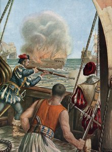 Tweede expeditie naar India (1502-1503): Zeeslag tussen de Portugese vloot van Vasco da Gama en die van Calicut, de Portugezen beschieten het moslimschip Miri vol pelgrims die terugkeren van Mekka, 3/10/1502 door Tancredi Scarpelli