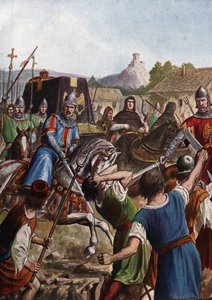 De begrafenisstoet van keizer Otto III van het Heilige Roomse Rijk (980-1002) brengt de resten door Italië naar Aken, vechtend tegen opstandige bevolkingen