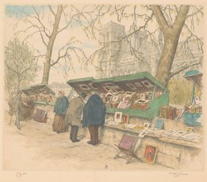 Boekenkramen op de Quai de Montebello, de Notre-Dame in de achtergrond