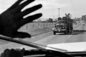 Bestuurder in vrachtwagen met hout zwaait naar een andere vrachtwagen met hout