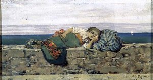 Boerendochter liggend op een balustrade door Telemaco Signorini