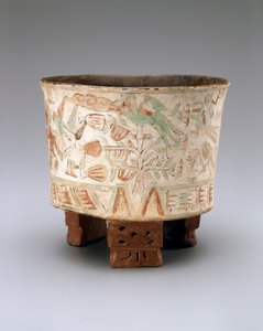 Tripod Vaas met Twee Blaaspijpschutters en Quetzal Vogels in Cacaobomen, Late Xolalpan, 550-650 door Teotihuacan Teotihuacan