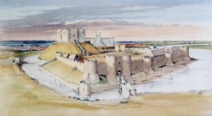 Illustratie van York Castle, North Yorkshire, zoals het zou kunnen zijn geweest in de late 13e eeuw, 1985 door Terry Ball