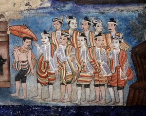 Een groep Thai yai (Shan) mannen, detail van de muurschilderingen van Viharn laikam die de Sang Thong-verhalen uitbeelden (muurschildering)
