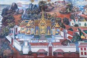 Muurschildering met scènes uit de Ramayana in Wat Phra Kaeo, het Koninklijk Paleis, Bangkok, Thailand