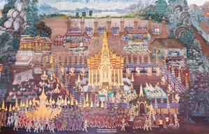 Muurschildering met scènes uit de Ramayana in Wat Phra Kaeo, het Koninklijk Paleis, Bangkok, Thailand door Thai School