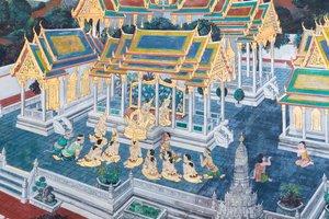 Muurschildering met scènes uit de Ramayana in Wat Phra Kaeo, het Koninklijk Paleis, Bangkok, Thailand door Thai School