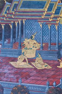 Muurschildering met scènes uit de Ramayana in Wat Phra Kaeo, het Koninklijk Paleis, Bangkok, Thailand door Thai School