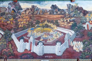 Muurschildering met scènes uit de Ramayana in Wat Phra Kaeo, het Koninklijk Paleis, Bangkok, Thailand door Thai School