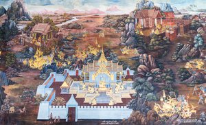 Muurschildering met scènes uit de Ramayana in Wat Phra Kaeo, het Koninklijk Paleis, Bangkok, Thailand