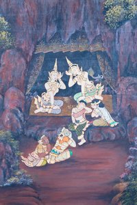 Muurschildering met scènes uit de Ramayana in Wat Phra Kaeo, het Koninklijk Paleis, Bangkok, Thailand