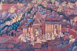 Muurschildering met scènes uit de Ramayana in Wat Phra Kaeo, het Koninklijk Paleis, Bangkok, Thailand