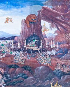Muurschildering met scènes uit de Ramayana in Wat Phra Kaeo, het Koninklijk Paleis, Bangkok, Thailand door Thai School