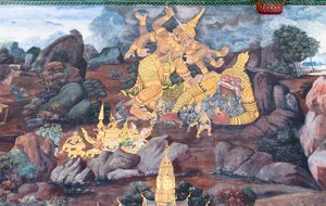 Muurschildering met scènes uit de Ramayana in Wat Phra Kaeo, het Koninklijk Paleis, Bangkok, Thailand door Thai School