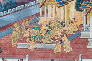 Muurschildering met scènes uit de Ramayana in Wat Phra Kaeo, het Koninklijk Paleis, Bangkok, Thailand