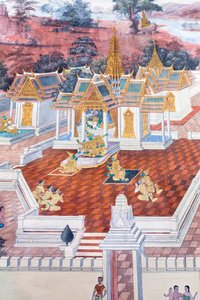 Muurschildering met scènes uit de Ramayana in Wat Phra Kaeo, het Koninklijk Paleis, Bangkok, Thailand door Thai School