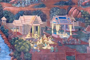 Muurschildering met scènes uit de Ramayana in Wat Phra Kaeo, het Koninklijk Paleis, Bangkok, Thailand
