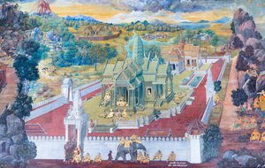 Muurschildering met scènes uit de Ramayana in Wat Phra Kaeo, het Koninklijk Paleis, Bangkok, Thailand door Thai School
