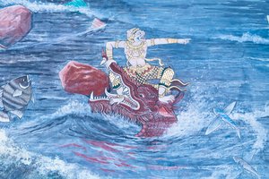 Muurschildering met scènes uit de Ramayana in Wat Phra Kaeo, het Koninklijk Paleis, Bangkok, Thailand