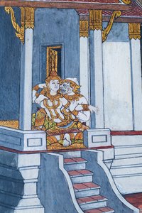 Muurschildering met scènes uit de Ramayana in Wat Phra Kaeo, het Koninklijk Paleis, Bangkok, Thailand