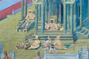 Muurschildering met scènes uit de Ramayana in Wat Phra Kaeo, het Koninklijk Paleis, Bangkok, Thailand