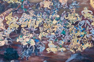Muurschildering met scènes uit de Ramayana in Wat Phra Kaeo, het Koninklijk Paleis, Bangkok, Thailand door Thai School