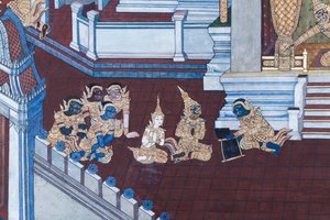 Muurschildering die scènes uit de Ramayana uitbeeldt in Wat Phra Kaeo, het Koninklijk Paleis, Bangkok, Thailand door Thai School