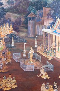 Muurschildering met scènes uit de Ramayana in Wat Phra Kaeo, het Koninklijk Paleis, Bangkok, Thailand