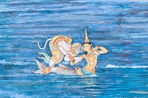Muurschildering met scènes uit de Ramayana in Wat Phra Kaeo, het Koninklijk Paleis, Bangkok, Thailand