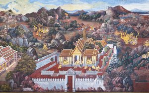 Muurschilderingen met scènes uit de Ramakian in Wat Phra Kaeo, het Koninklijk Paleis, Bangkok, Thailand