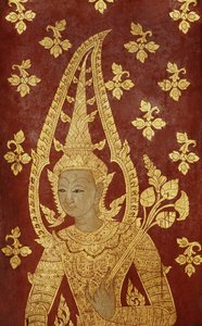 Rattanakosin-stijl deurpaneel met afbeelding van een godheid, ca. 1860 (beschilderd hout)