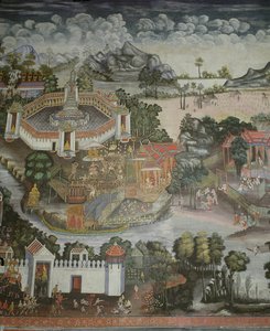 Stad Phitsanulok en fontein met beelden van de Boeddha, Wat Bowonniwet Vihara, Bangkok