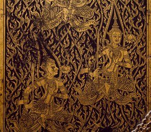 Kast voor soetra, gesneden en gelakt hout, uit Bangkok, Thailand, Detail, Thaise beschaving, begin 19e eeuw