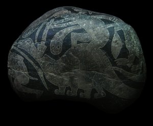 De ica-steen. Een man die een dinosaurus doodt door The Ica stones.