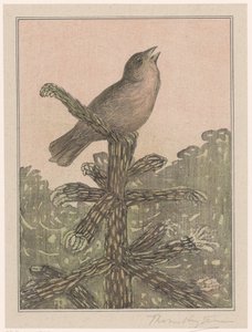 Zingende vogel op naaldboom door Theo van Hoytema (signed by artist)