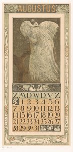 Kalenderblad augustus met witte pauw door Theo van Hoytema