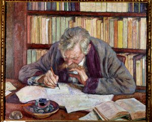 Portret van de Belgische dichter Emile Verhaeren aan zijn bureau