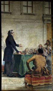 Francois Arago bestudeerde populaire astronomie in het amfitheater van het observatorium. Schilderij door Theobald Chartran. Parijs, La Sorbonne door Theobald Chartran