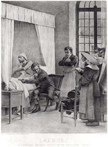 Rene Theophile Hyacinthe Laennec luistert naar de borst van een man met tuberculose