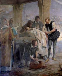 De dokter Ambroise Paré voert de ligatie van de slagaders uit op een haakbusschutter gewond tijdens het beleg van Metz door Karel V in 1553 (detail)