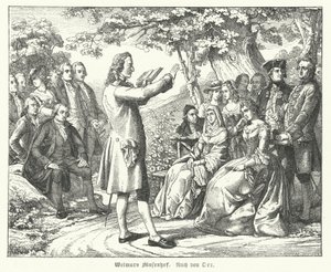 Het Weimar Hof van de Muzen: Duitse dichter en toneelschrijver Friedrich Schiller leest voor in Schloss Tiefurt, met Christoph Martin Wieland, Johann Wolfgang Goethe en Johann Gottfried Herder onder de luisteraars door Theobald Reinhold von Oer