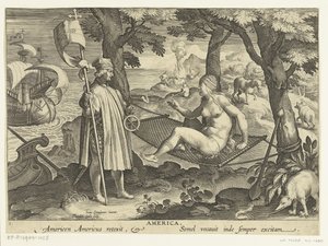 Amerigo Vespucci zet voet aan wal in Amerika door Theodoor Galle
