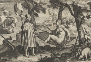 Nieuwe uitvindingen van moderne tijden [Nova Reperta], De ontdekking van Amerika, plaat 1, ca. 1600