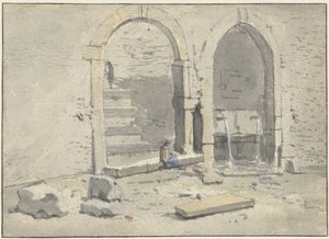 Fontein tegen een stadsmuur, waarin een trap is gebouwd